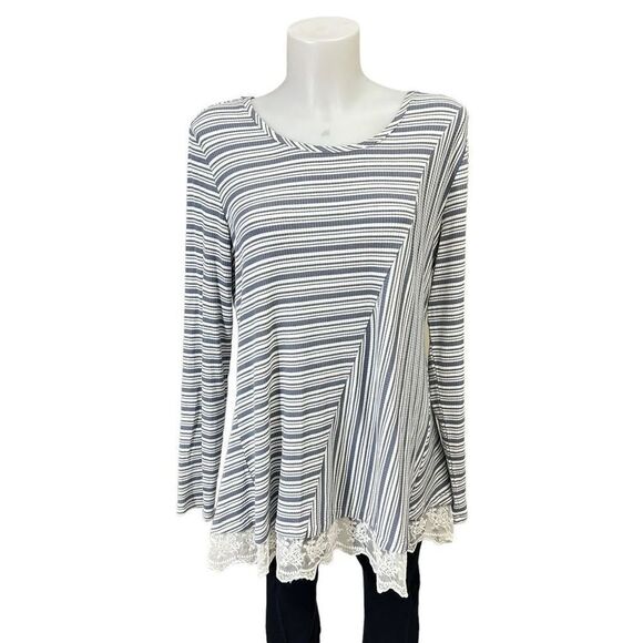 LOGO Lori Goldstein Gray Assymetric Striped Longsleeve Tunic Top Lace trim‎ sz L - Picture 1 of 7